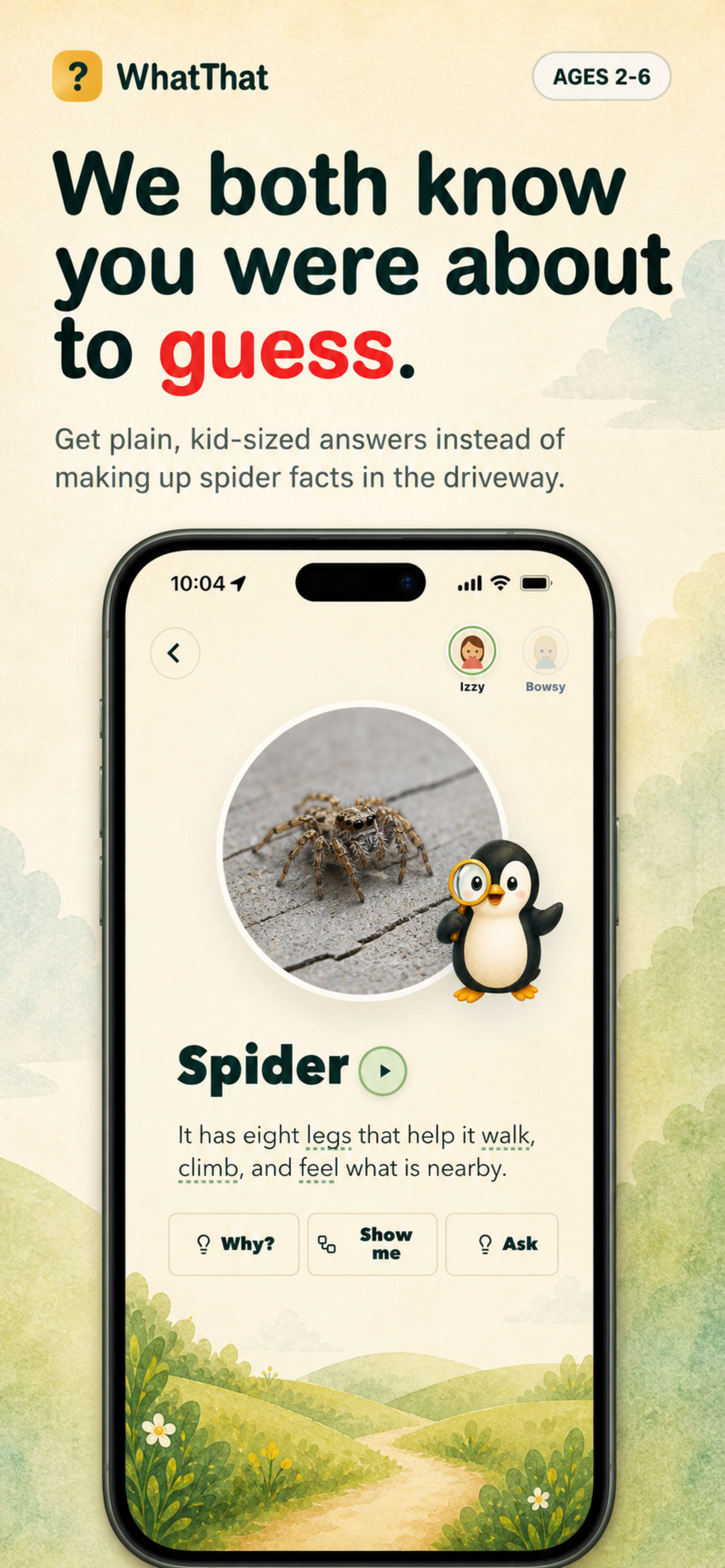 WhatThat iOS screenshot showing a kid-sized spider answer.